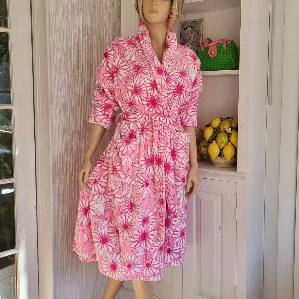 Vtg Lilly Pulitzer Bath Robe Velour Terry Belted Cotton PINK Daisies L/XL - Picture 1 of 5